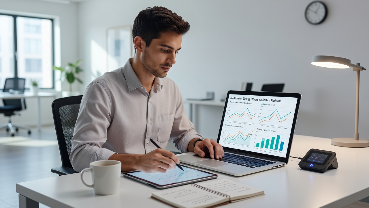Analytics dashboard displaying notification timing metrics and return rates