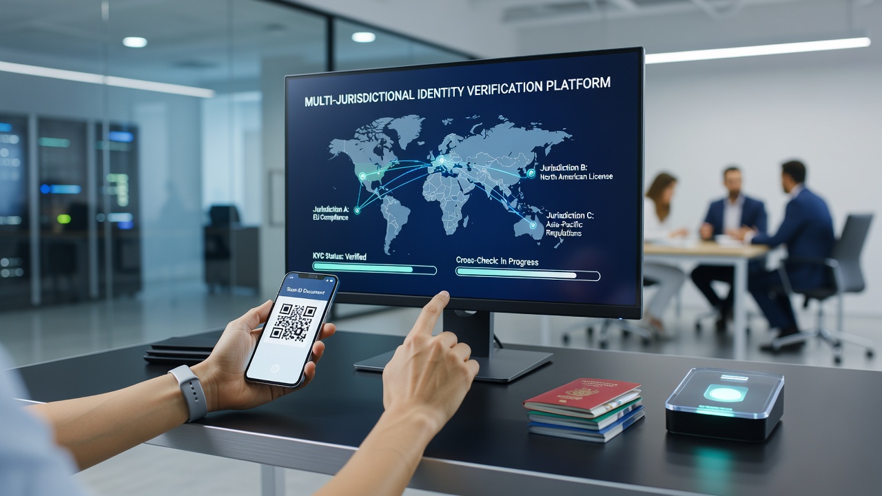 Identity verification dashboard showing document upload and facial scan interfaces across multiple gaming platforms