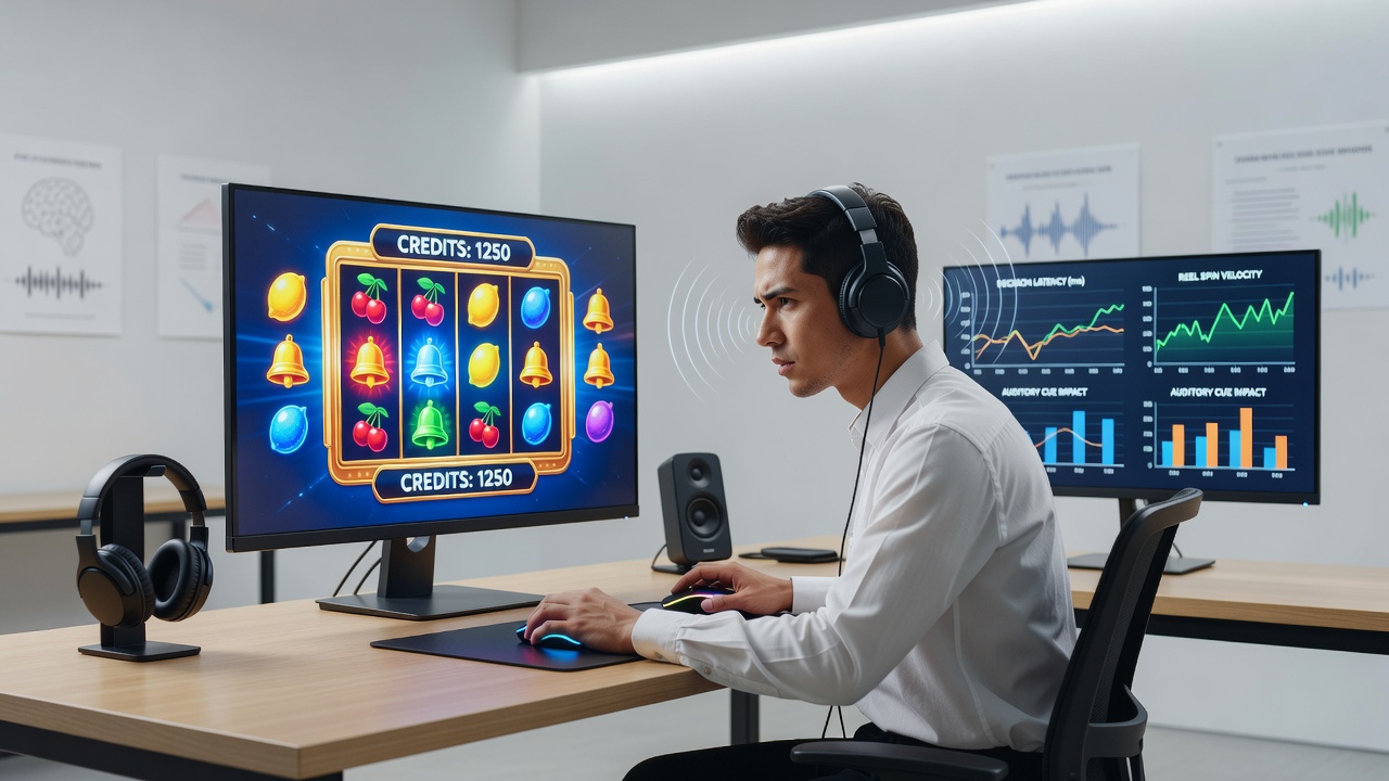 Virtual spinning reel game interface displaying reels with sound wave overlays representing auditory cues