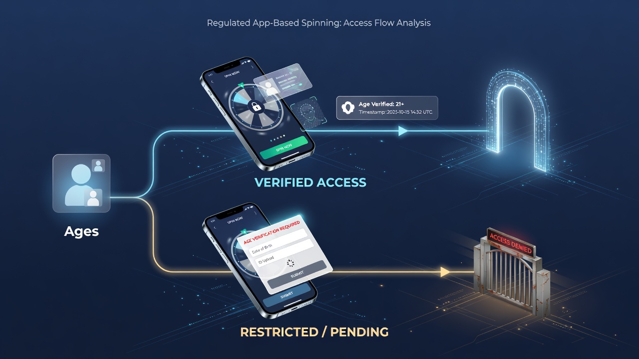 Mobile user completing age verification before accessing spinning reel games on a regulated platform