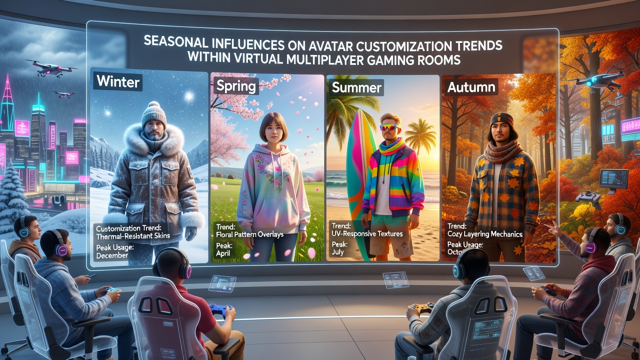 Diverse avatars in a virtual gaming room displaying summer seasonal customizations and accessories